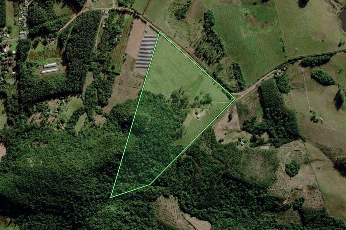 Imagem de satélite do imóvel rural em Montenegro (RS), com o contorno declarado no CAR desenhado por cima.