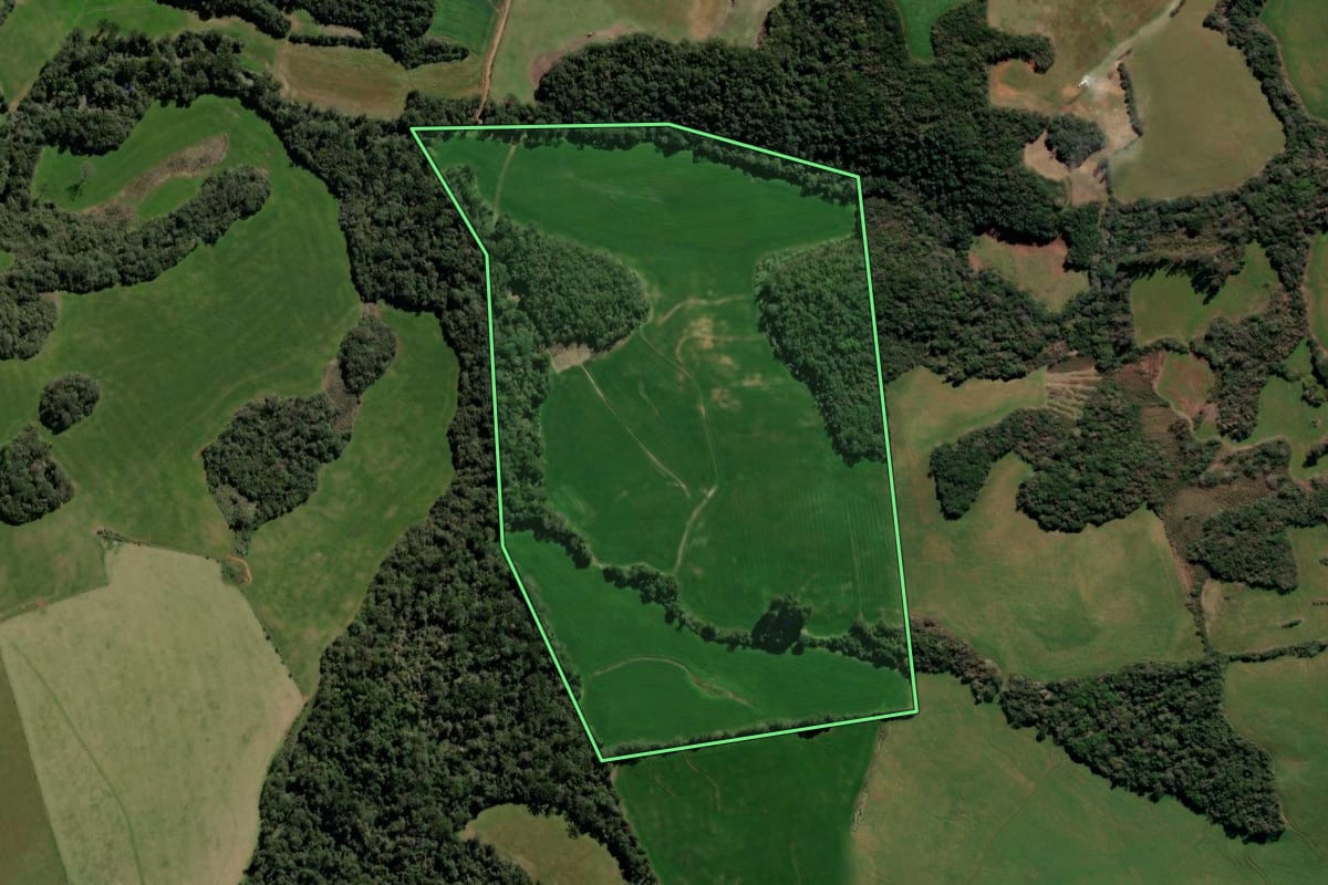Imagem de satélite do imóvel rural em Mormaço (RS), com o contorno declarado no CAR desenhado por cima.
