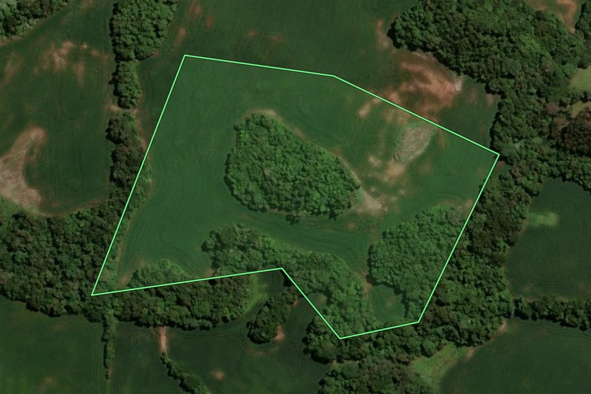 Imagem de satélite do imóvel rural em Mormaço (RS), com o contorno declarado no CAR desenhado por cima.