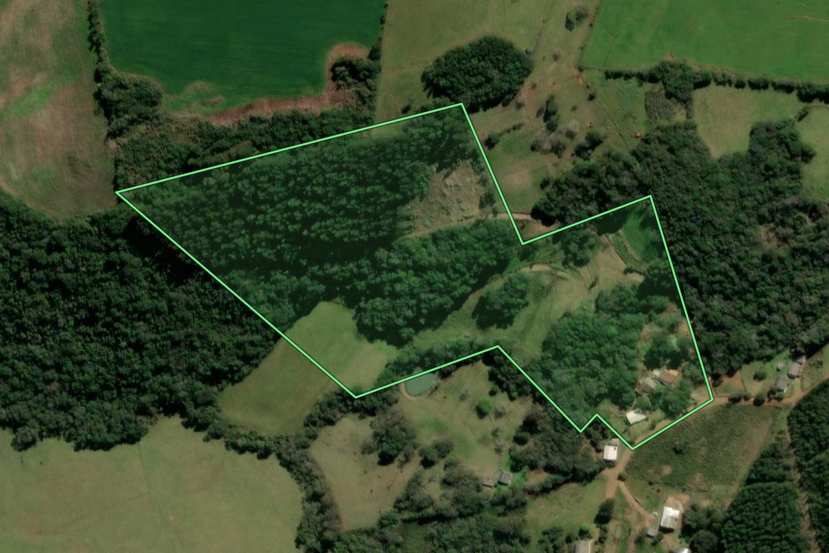Imagem de satélite do imóvel rural em Mormaço (RS), com o contorno declarado no CAR desenhado por cima.