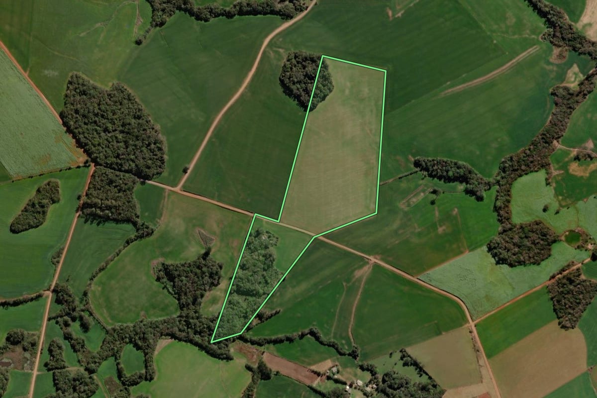 Imagem de satélite do imóvel rural em Mormaço (RS), com o contorno declarado no CAR desenhado por cima.