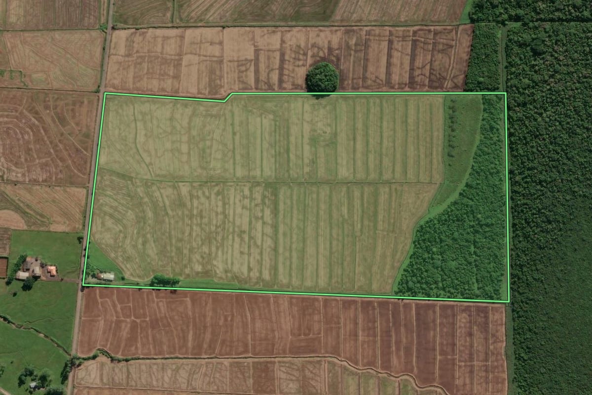 Imagem de satélite do imóvel rural em Morrinhos do Sul (RS), com o contorno declarado no CAR desenhado por cima.