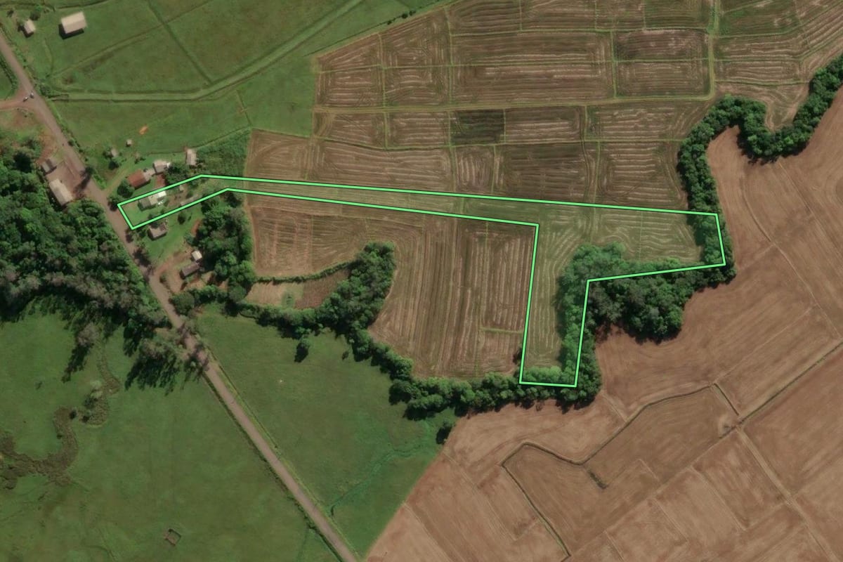 Imagem de satélite do imóvel rural em Morrinhos do Sul (RS), com o contorno declarado no CAR desenhado por cima.