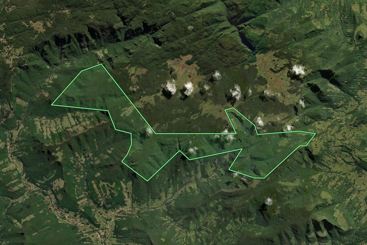 Imagem de satélite do imóvel rural em Morrinhos do Sul (RS), com o contorno declarado no CAR desenhado por cima.