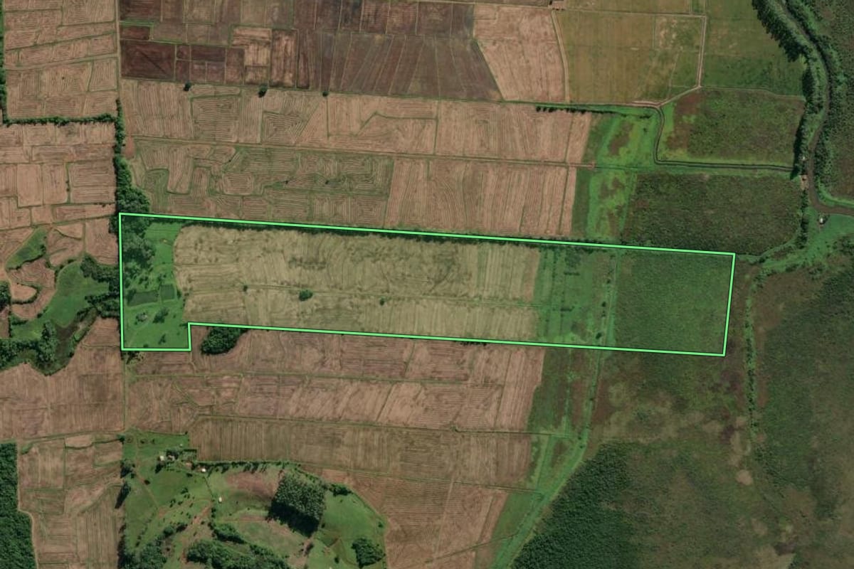 Imagem de satélite do imóvel rural em Morrinhos do Sul (RS), com o contorno declarado no CAR desenhado por cima.