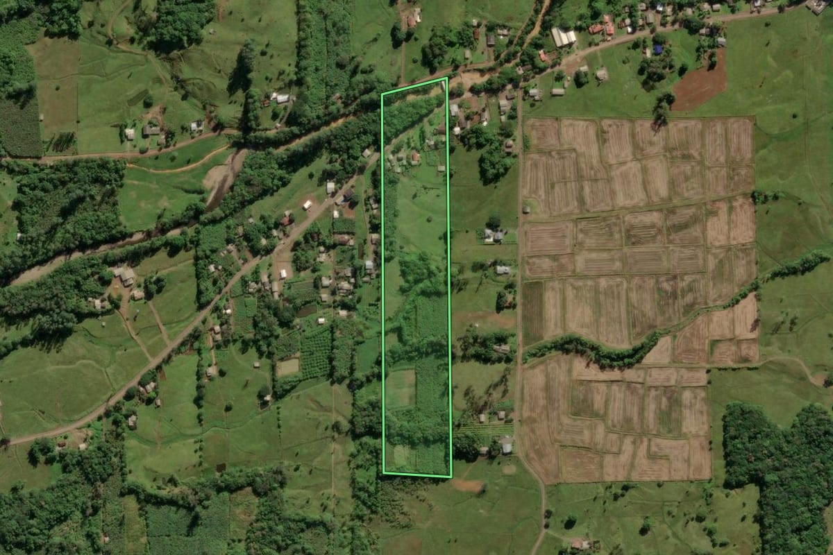Imagem de satélite do imóvel rural em Morrinhos do Sul (RS), com o contorno declarado no CAR desenhado por cima.