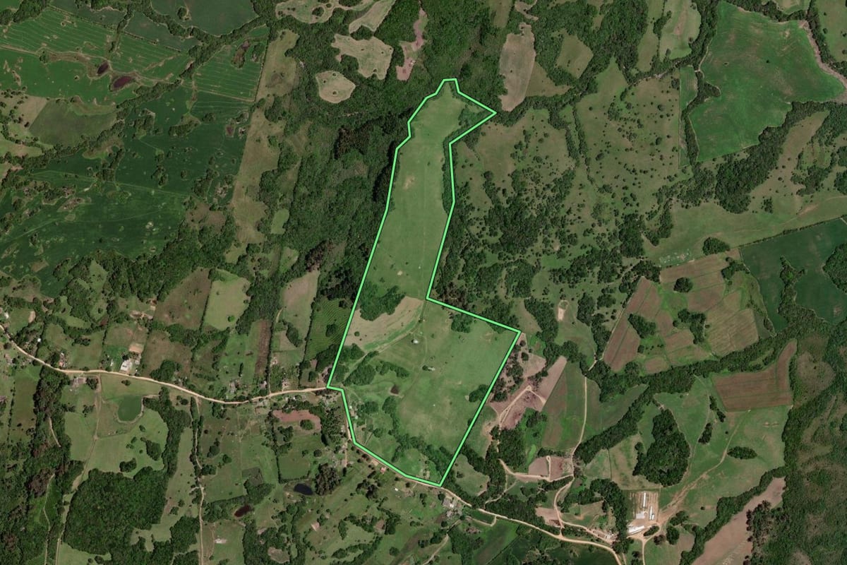 Imagem de satélite do imóvel rural em Morro Redondo (RS), com o contorno declarado no CAR desenhado por cima.