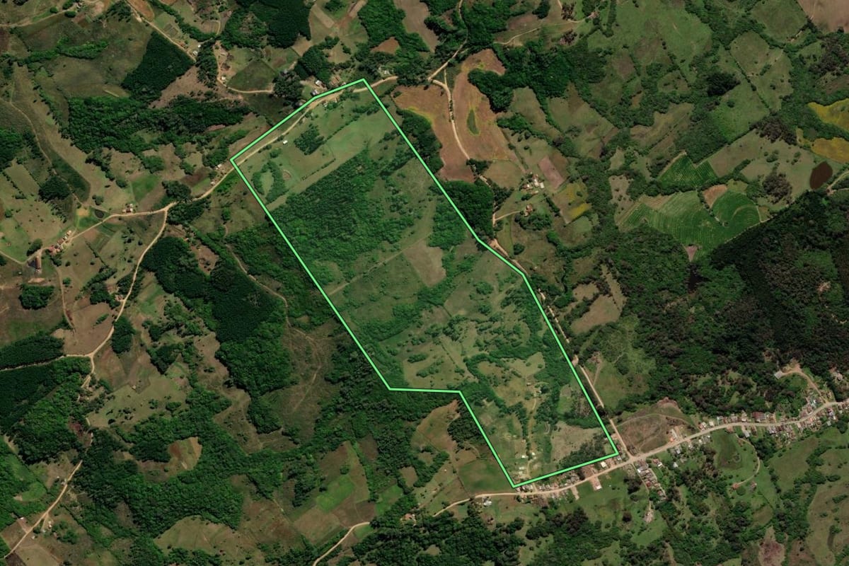 Imagem de satélite do imóvel rural em Morro Redondo (RS), com o contorno declarado no CAR desenhado por cima.