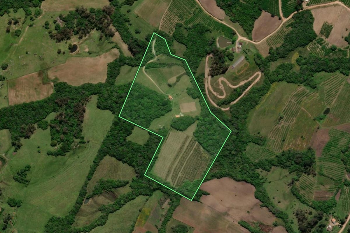 Imagem de satélite do imóvel rural em Morro Redondo (RS), com o contorno declarado no CAR desenhado por cima.