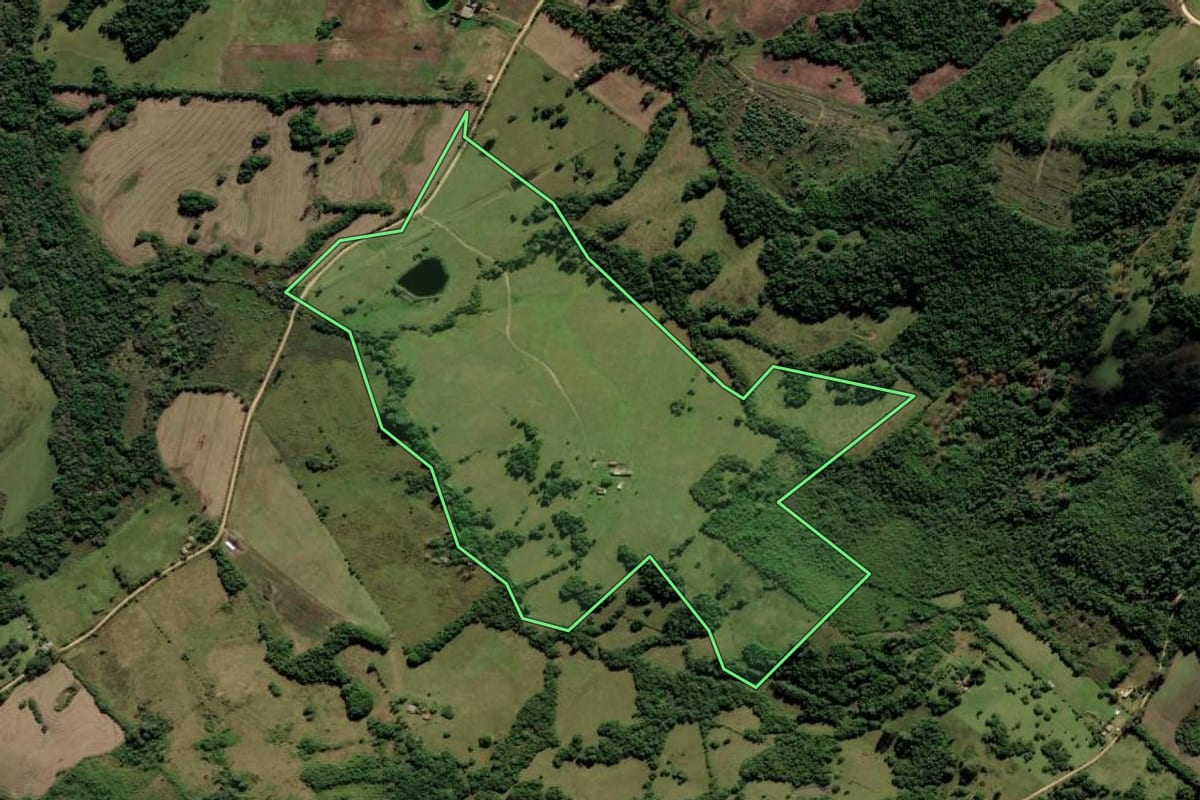 Imagem de satélite do imóvel rural em Morro Redondo (RS), com o contorno declarado no CAR desenhado por cima.