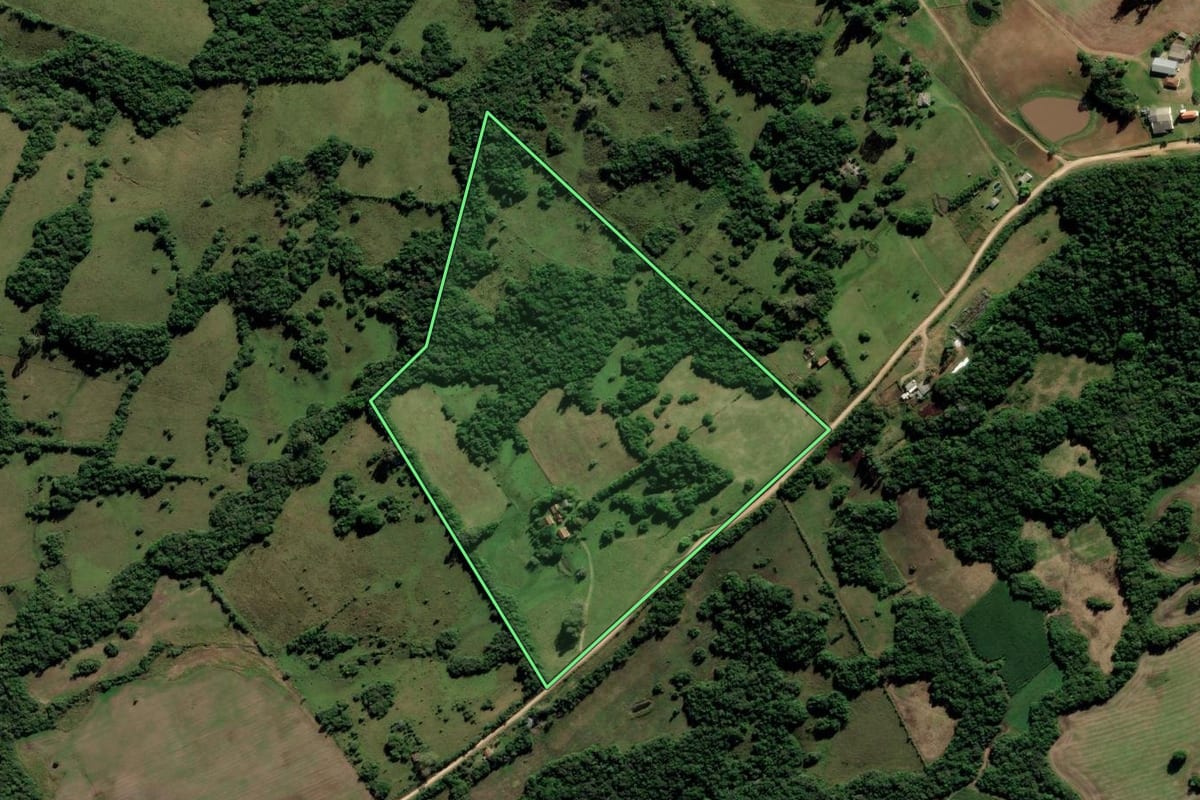 Imagem de satélite do imóvel rural em Morro Redondo (RS), com o contorno declarado no CAR desenhado por cima.