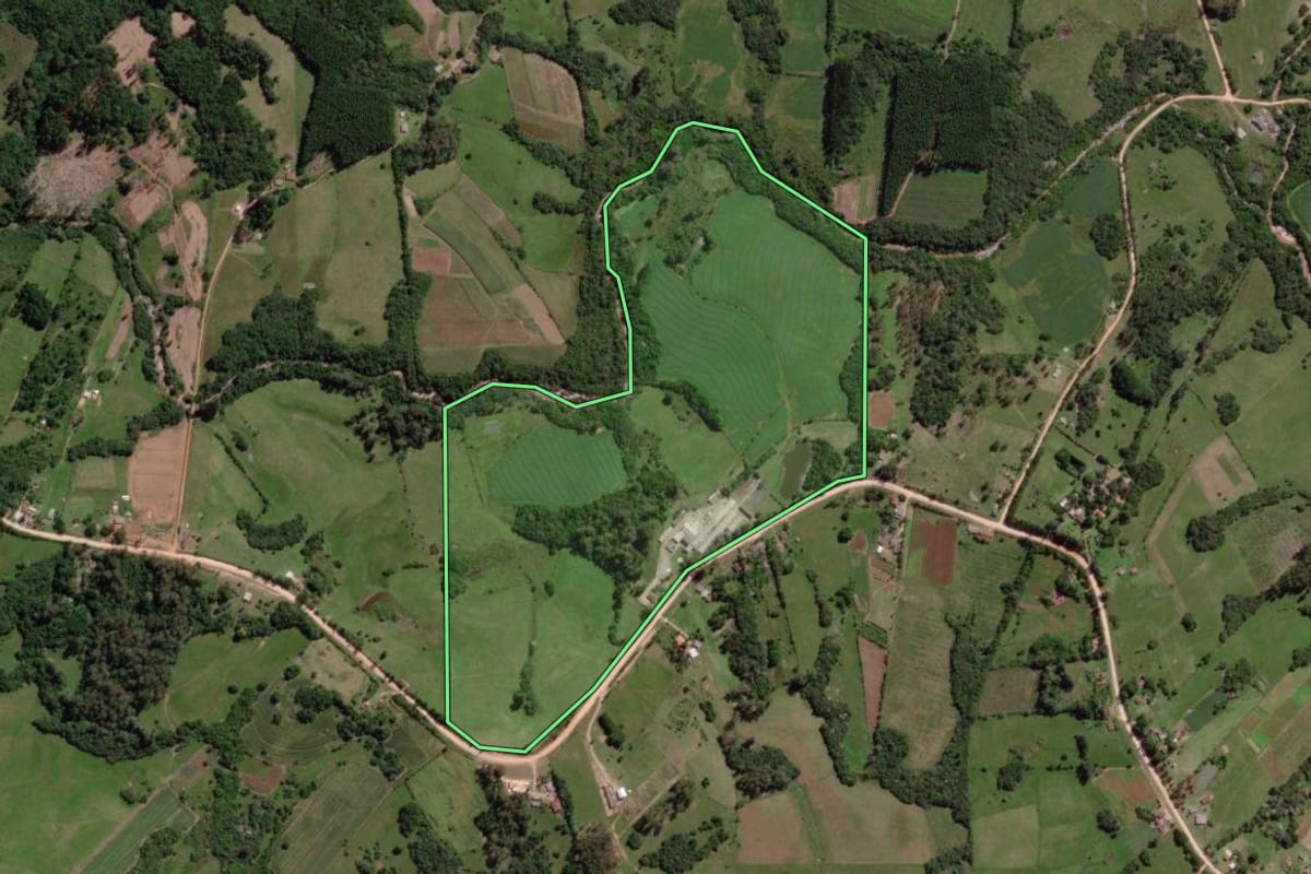 Imagem de satélite do imóvel rural em Morro Redondo (RS), com o contorno declarado no CAR desenhado por cima.