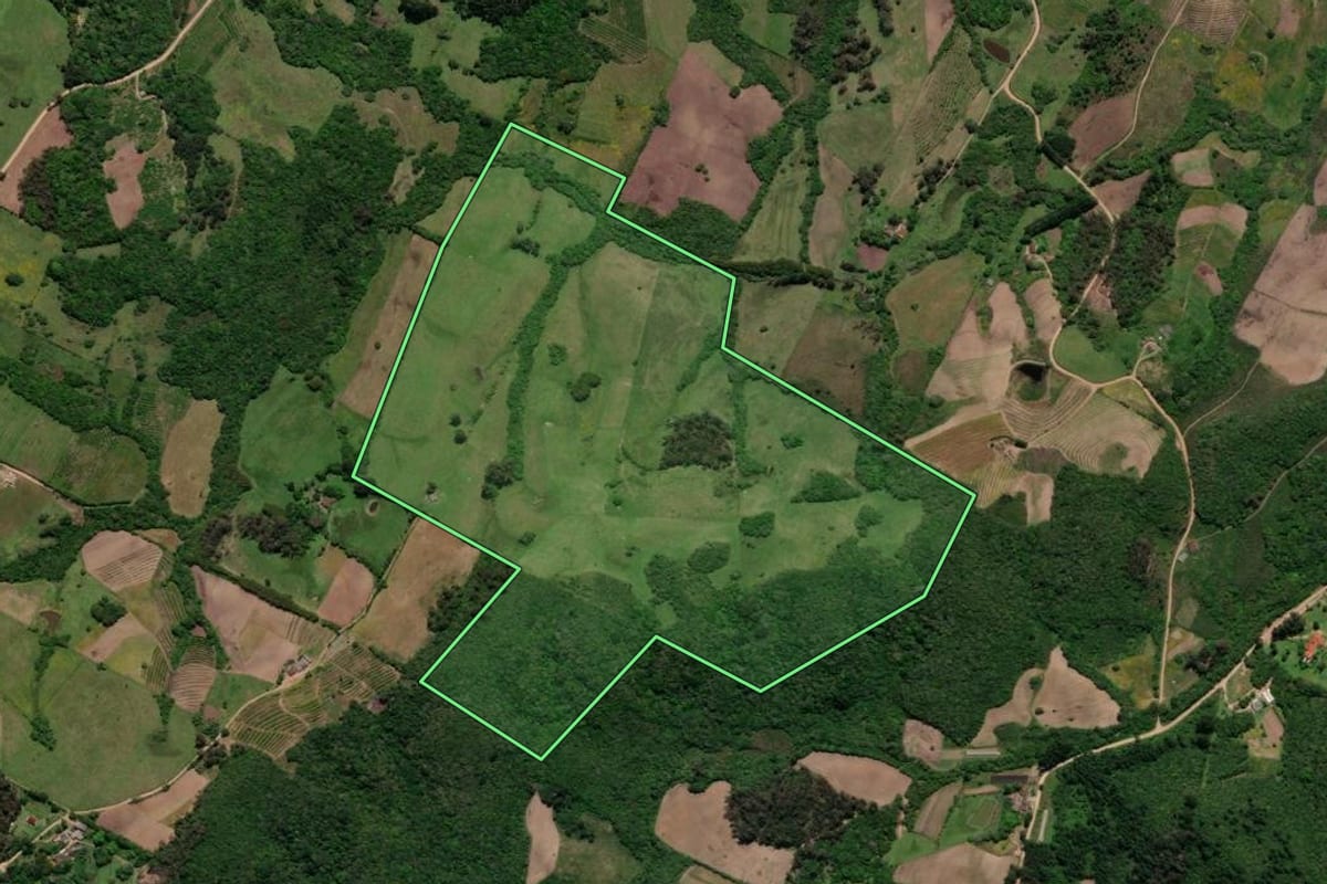 Imagem de satélite do imóvel rural em Morro Redondo (RS), com o contorno declarado no CAR desenhado por cima.