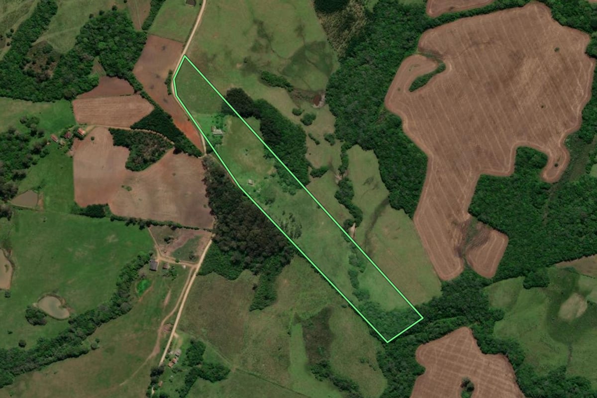 Imagem de satélite do imóvel rural em Morro Redondo (RS), com o contorno declarado no CAR desenhado por cima.