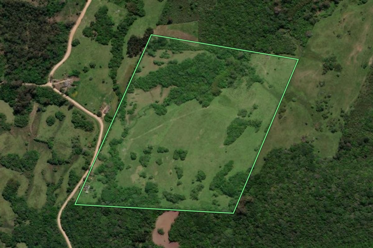 Imagem de satélite do imóvel rural em Morro Redondo (RS), com o contorno declarado no CAR desenhado por cima.