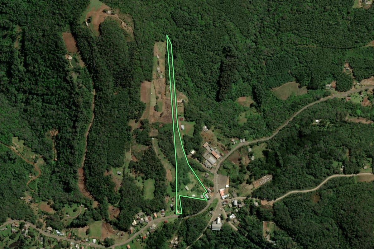 Imagem de satélite do imóvel rural em Morro Reuter (RS), com o contorno declarado no CAR desenhado por cima.