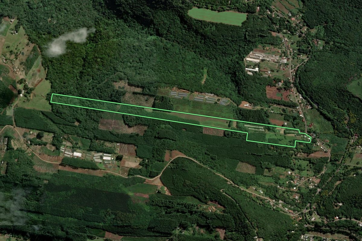 Imagem de satélite do imóvel rural em Morro Reuter (RS), com o contorno declarado no CAR desenhado por cima.