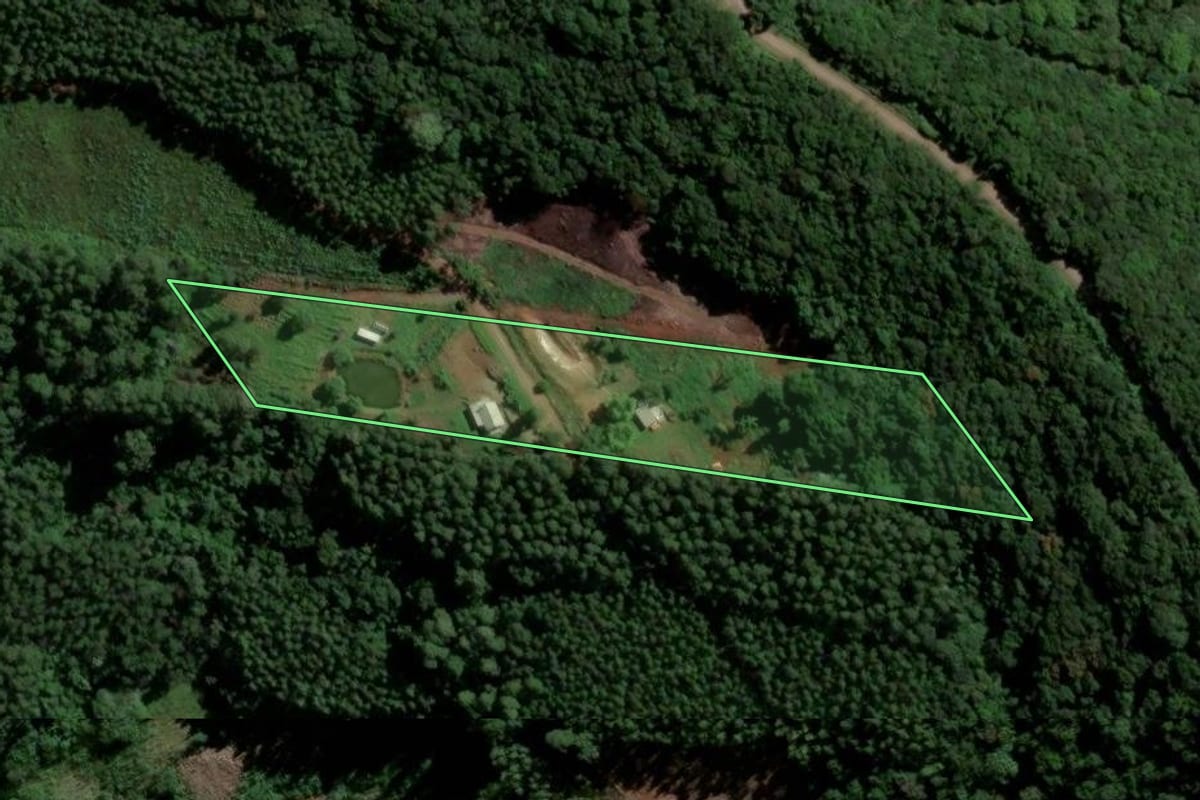 Imagem de satélite do imóvel rural em Morro Reuter (RS), com o contorno declarado no CAR desenhado por cima.