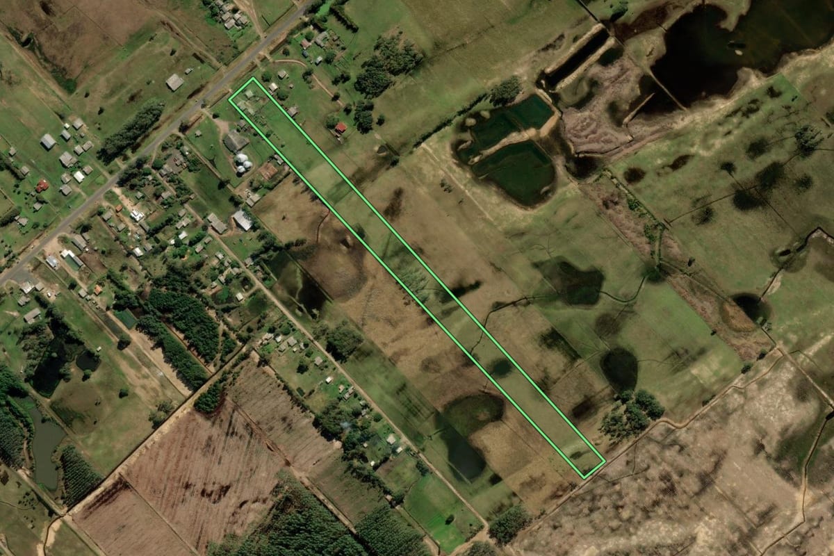 Imagem de satélite do imóvel rural em Mostardas (RS), com o contorno declarado no CAR desenhado por cima.