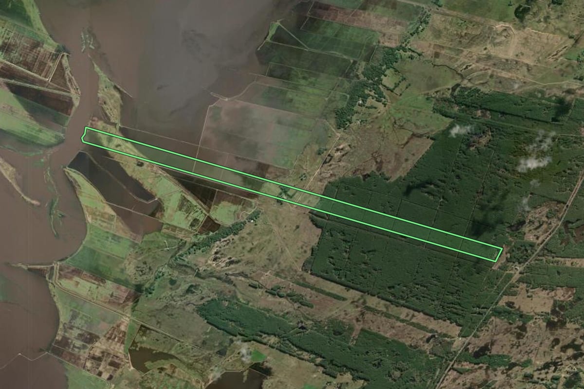 Imagem de satélite do imóvel rural em Mostardas (RS), com o contorno declarado no CAR desenhado por cima.