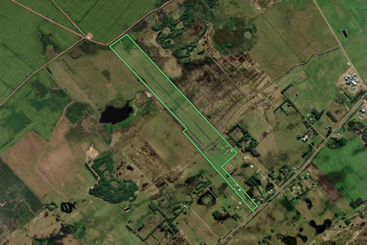 Imagem de satélite do imóvel rural em Mostardas (RS), com o contorno declarado no CAR desenhado por cima.