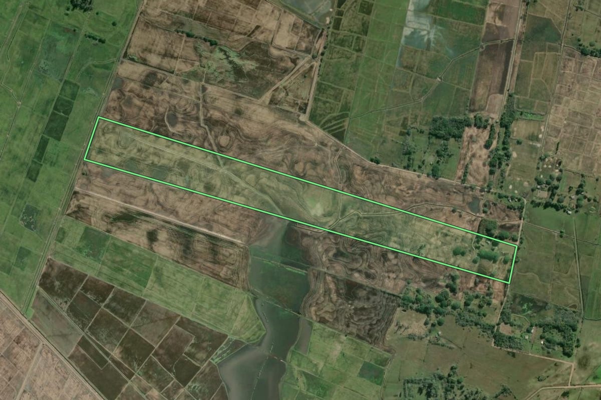 Imagem de satélite do imóvel rural em Mostardas (RS), com o contorno declarado no CAR desenhado por cima.
