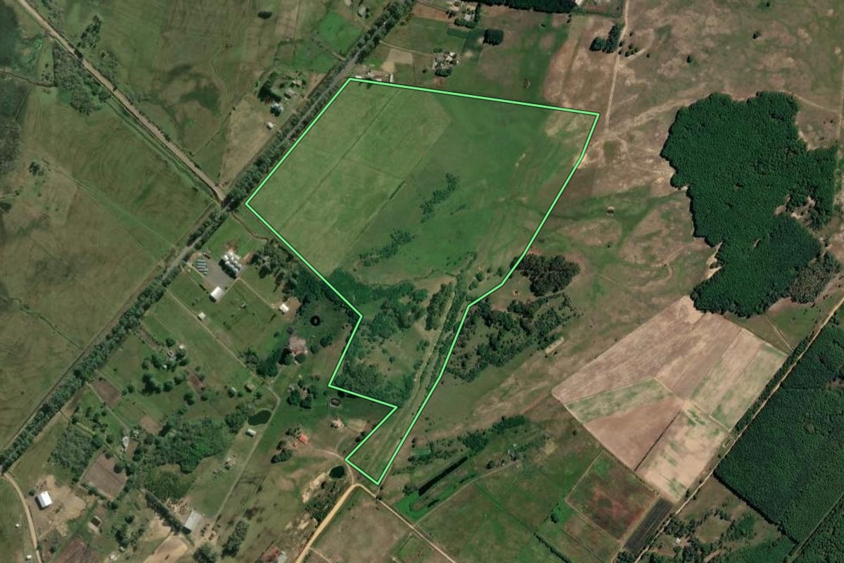 Imagem de satélite do imóvel rural em Mostardas (RS), com o contorno declarado no CAR desenhado por cima.
