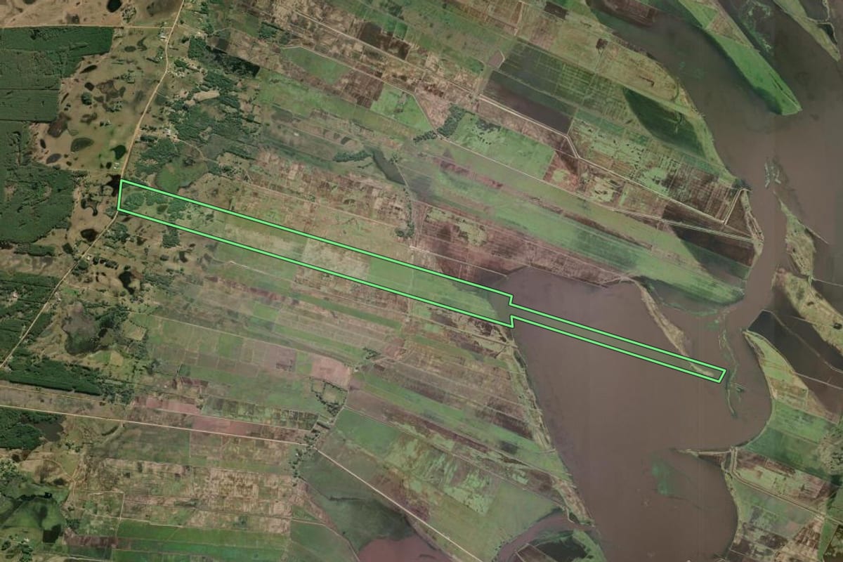 Imagem de satélite do imóvel rural em Mostardas (RS), com o contorno declarado no CAR desenhado por cima.