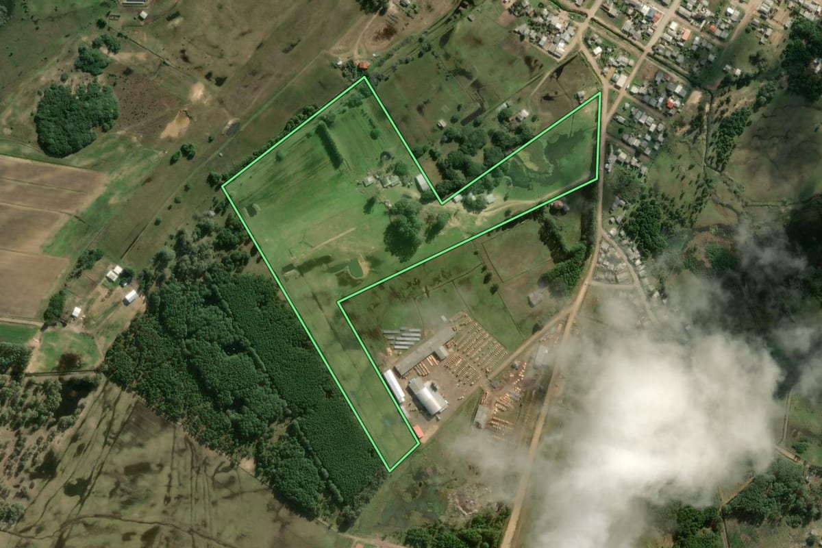 Imagem de satélite do imóvel rural em Mostardas (RS), com o contorno declarado no CAR desenhado por cima.