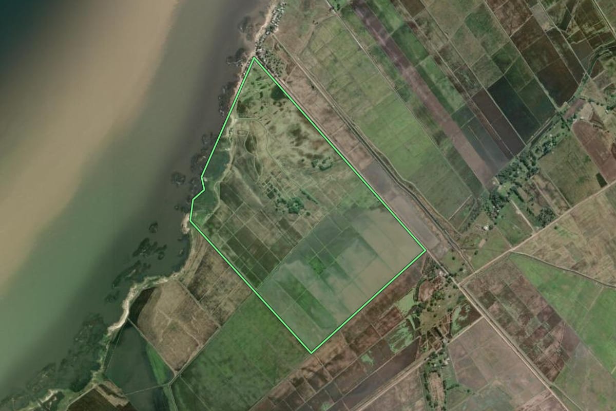 Imagem de satélite do imóvel rural em Mostardas (RS), com o contorno declarado no CAR desenhado por cima.