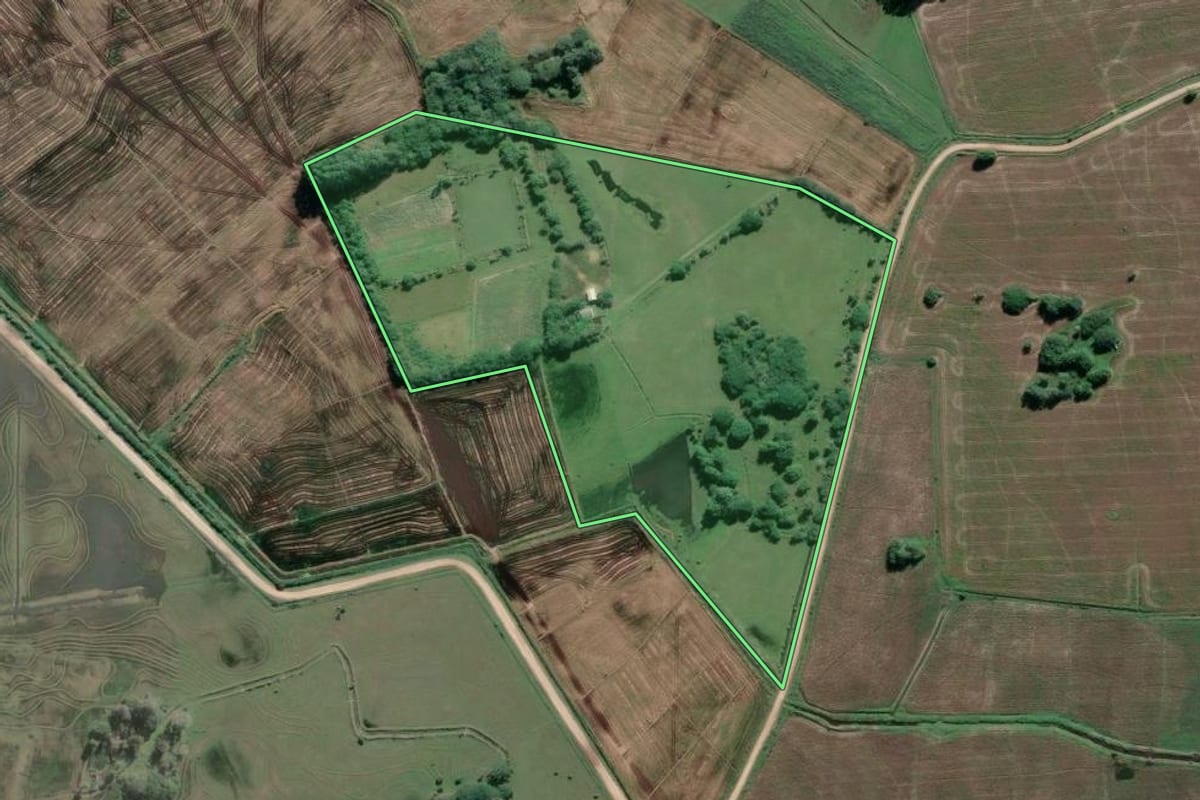 Imagem de satélite do imóvel rural em Mostardas (RS), com o contorno declarado no CAR desenhado por cima.