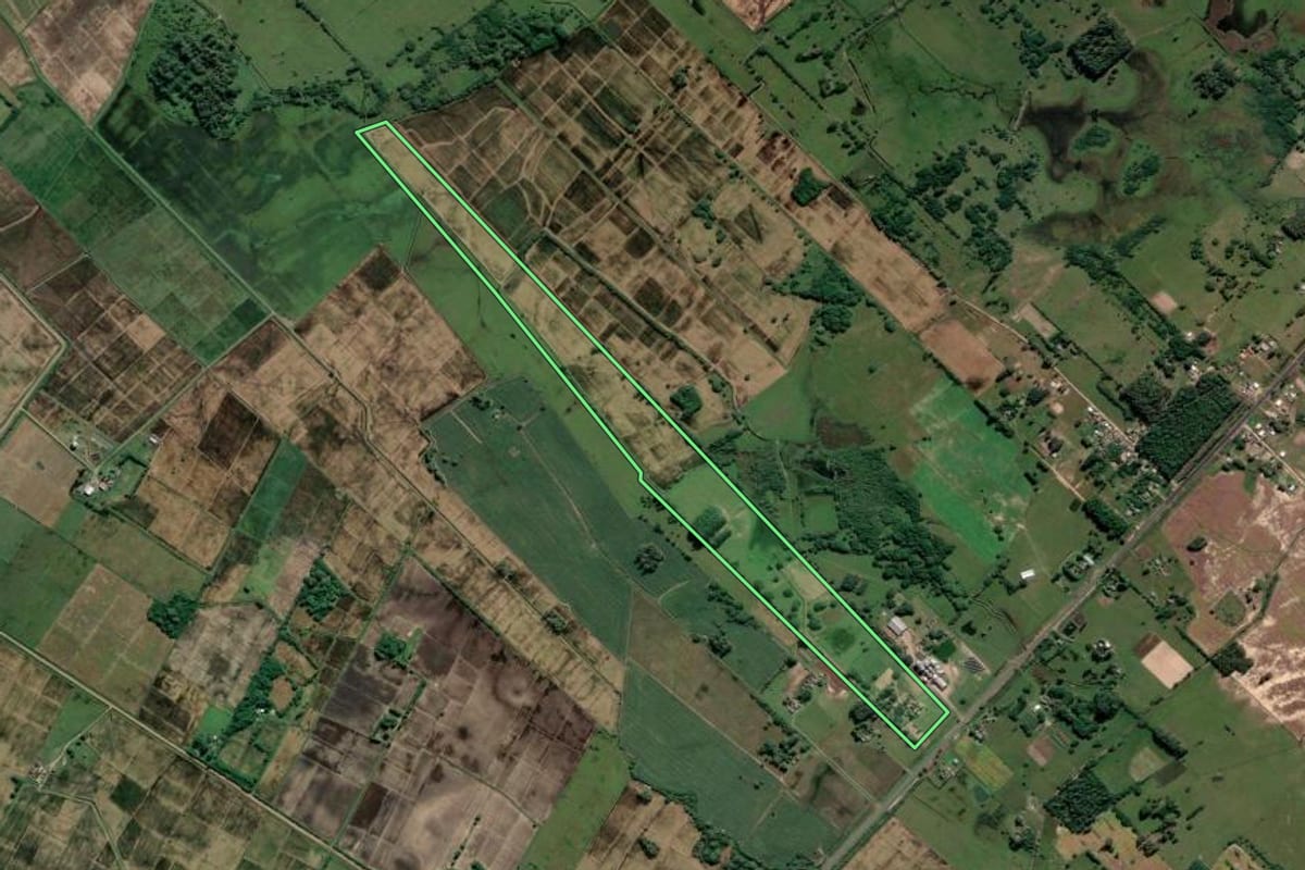Imagem de satélite do imóvel rural em Mostardas (RS), com o contorno declarado no CAR desenhado por cima.