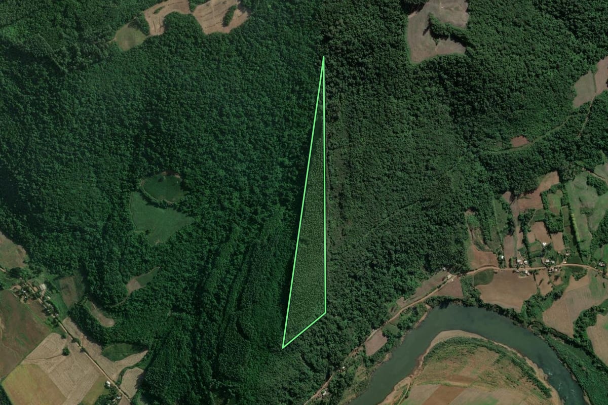 Imagem de satélite do imóvel rural em Muçum (RS), com o contorno declarado no CAR desenhado por cima.