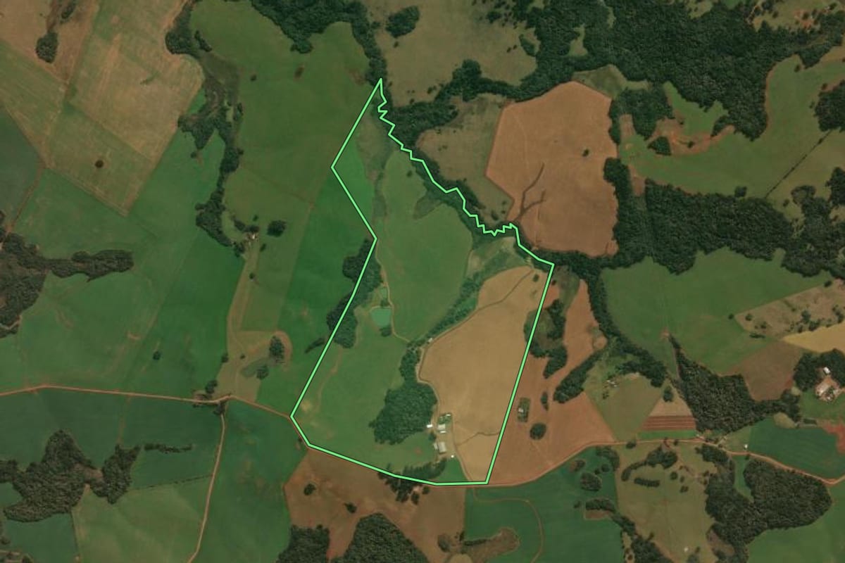 Imagem de satélite do imóvel rural em Muitos Capões (RS), com o contorno declarado no CAR desenhado por cima.
