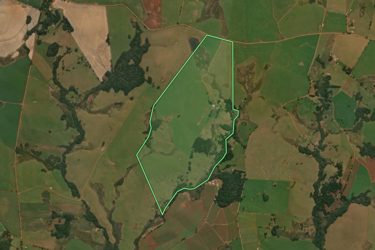 Imagem de satélite do imóvel rural em Muitos Capões (RS), com o contorno declarado no CAR desenhado por cima.