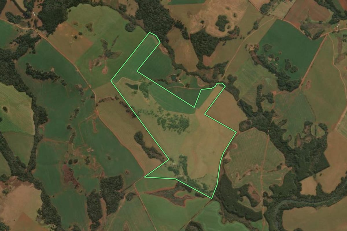 Imagem de satélite do imóvel rural em Muitos Capões (RS), com o contorno declarado no CAR desenhado por cima.