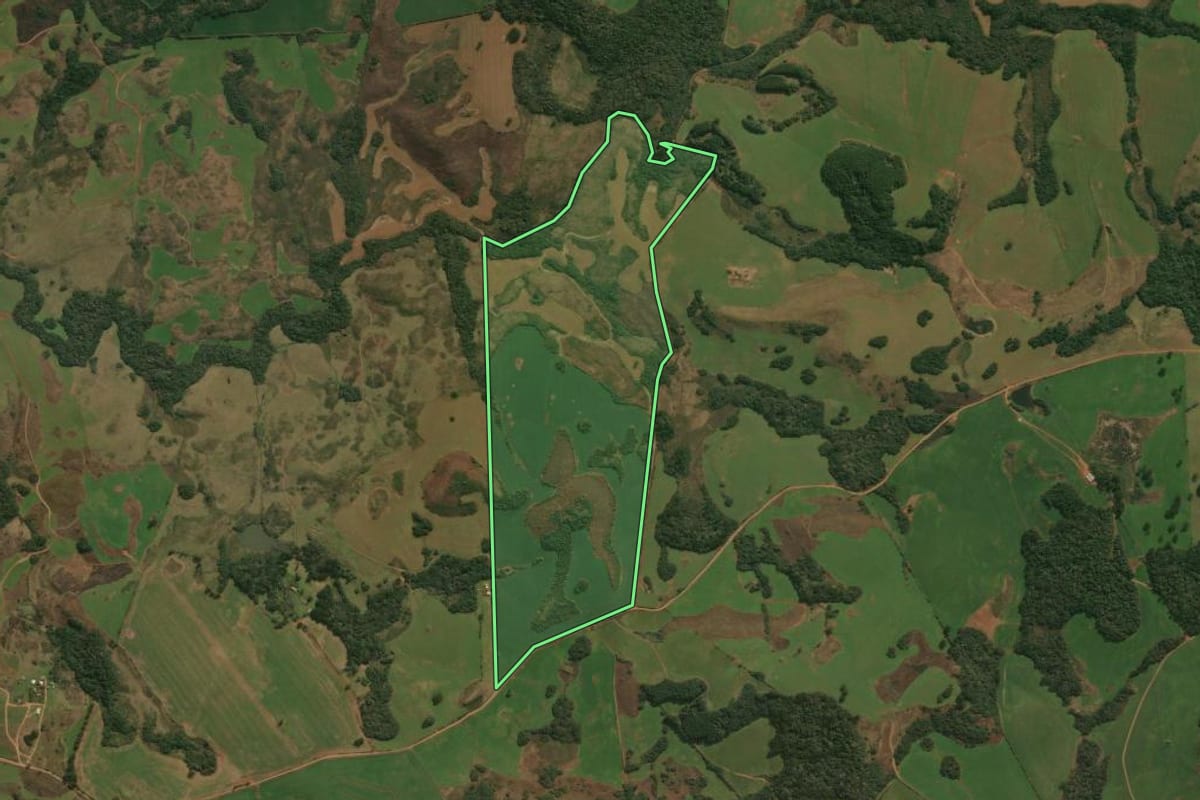 Imagem de satélite do imóvel rural em Muitos Capões (RS), com o contorno declarado no CAR desenhado por cima.