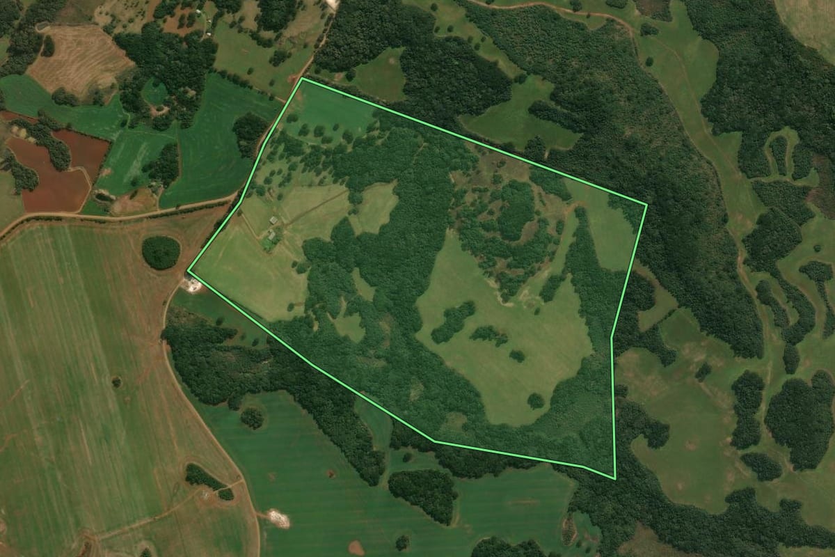 Imagem de satélite do imóvel rural em Muitos Capões (RS), com o contorno declarado no CAR desenhado por cima.