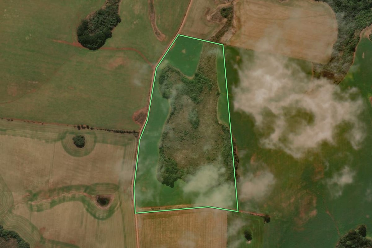 Imagem de satélite do imóvel rural em Muitos Capões (RS), com o contorno declarado no CAR desenhado por cima.