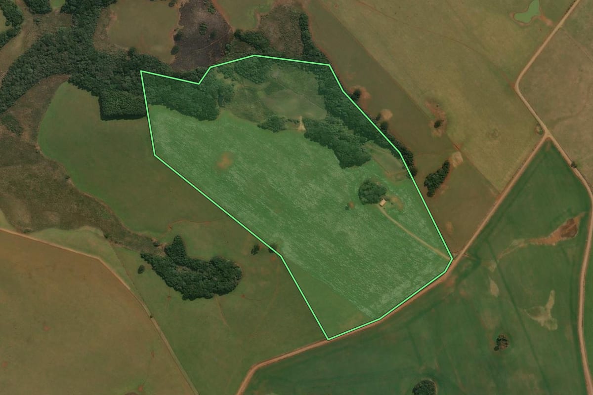 Imagem de satélite do imóvel rural em Muitos Capões (RS), com o contorno declarado no CAR desenhado por cima.
