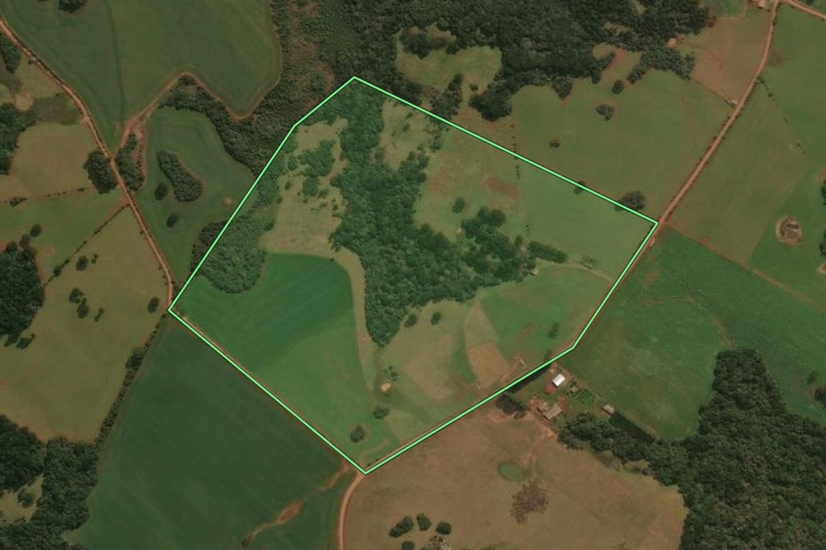 Imagem de satélite do imóvel rural em Muitos Capões (RS), com o contorno declarado no CAR desenhado por cima.