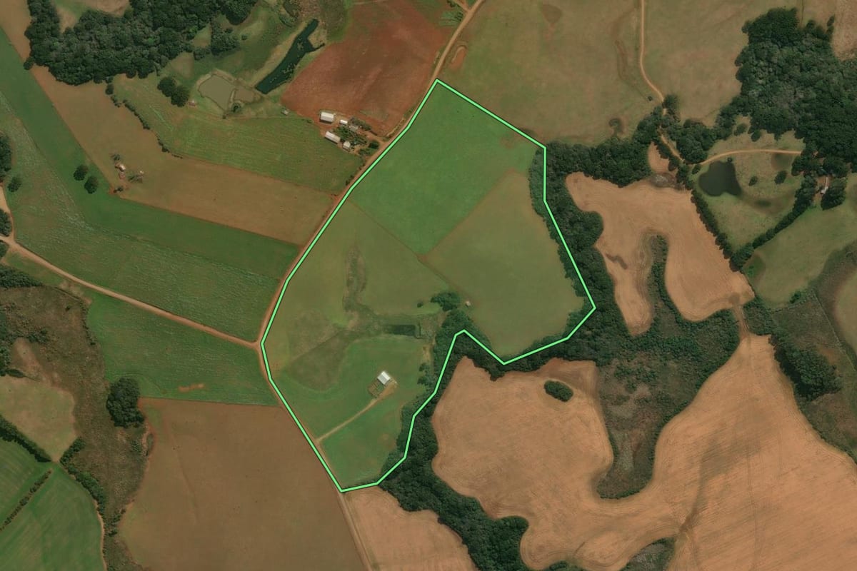 Imagem de satélite do imóvel rural em Muitos Capões (RS), com o contorno declarado no CAR desenhado por cima.