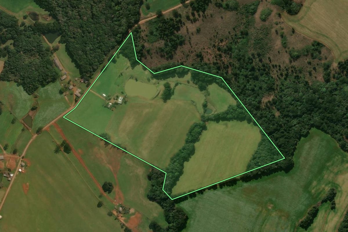 Imagem de satélite do imóvel rural em Muitos Capões (RS), com o contorno declarado no CAR desenhado por cima.
