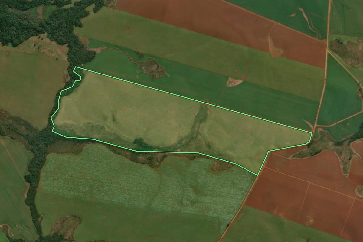Imagem de satélite do imóvel rural em Muitos Capões (RS), com o contorno declarado no CAR desenhado por cima.