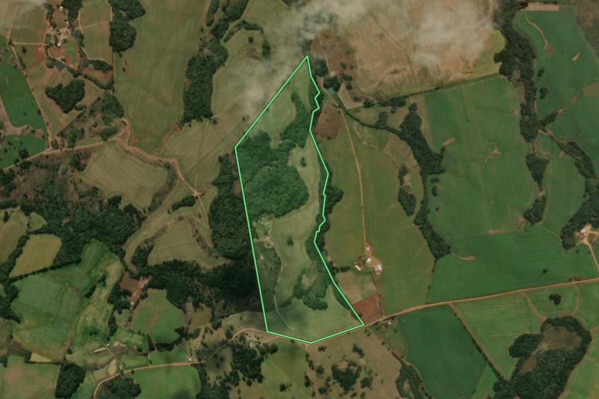Imagem de satélite do imóvel rural em Muitos Capões (RS), com o contorno declarado no CAR desenhado por cima.