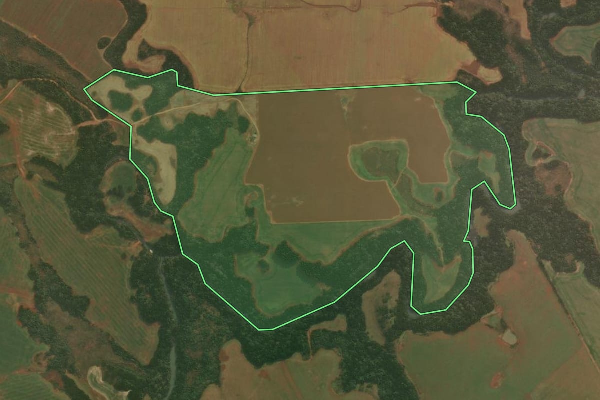 Imagem de satélite do imóvel rural em Muitos Capões (RS), com o contorno declarado no CAR desenhado por cima.