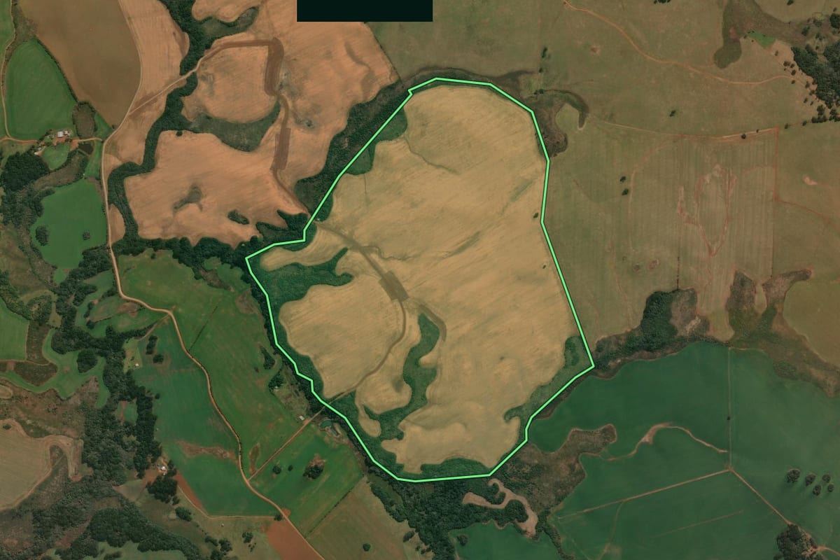 Imagem de satélite do imóvel rural em Muitos Capões (RS), com o contorno declarado no CAR desenhado por cima.