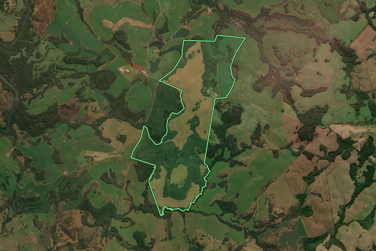 Imagem de satélite do imóvel rural em Muitos Capões (RS), com o contorno declarado no CAR desenhado por cima.