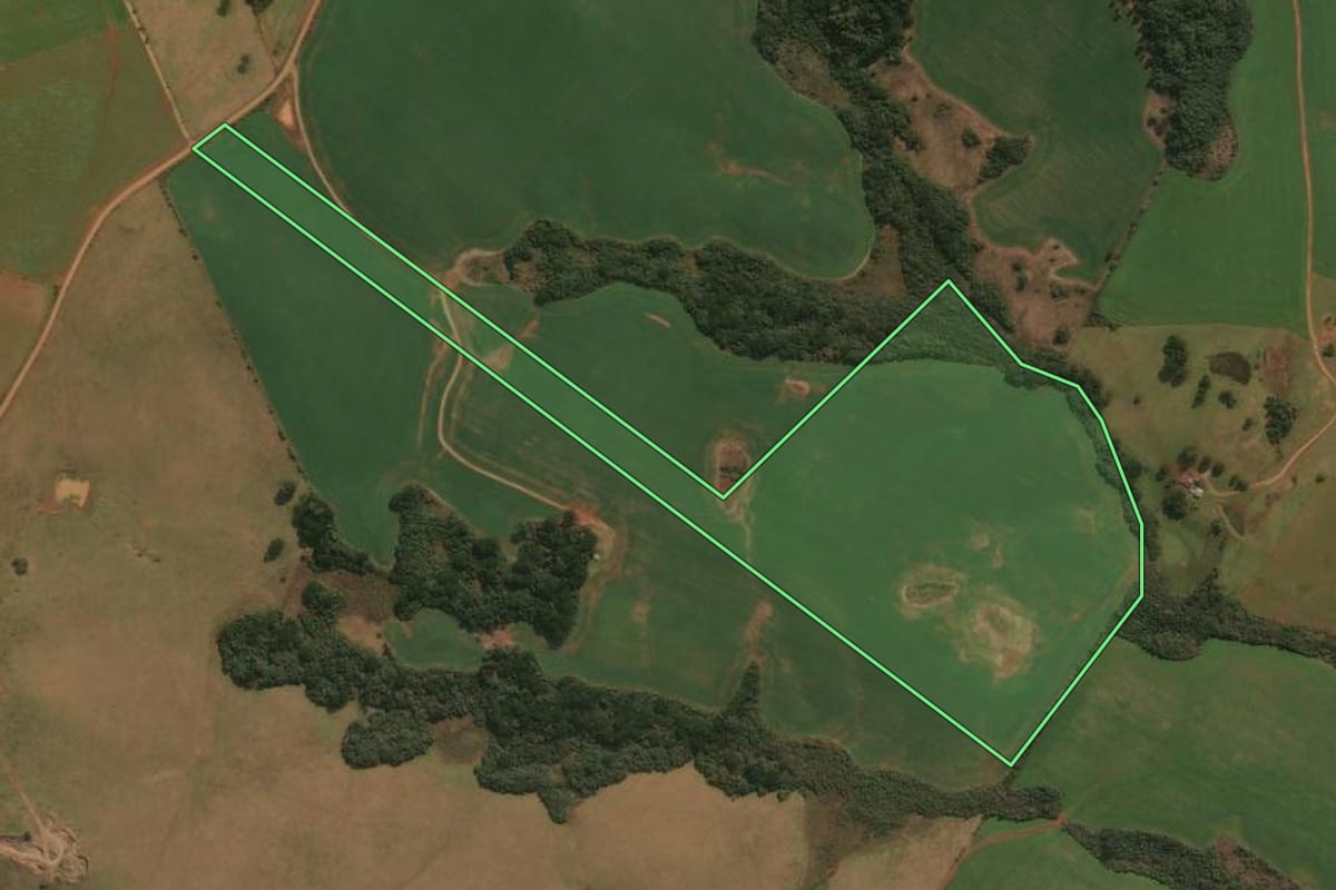 Imagem de satélite do imóvel rural em Muitos Capões (RS), com o contorno declarado no CAR desenhado por cima.