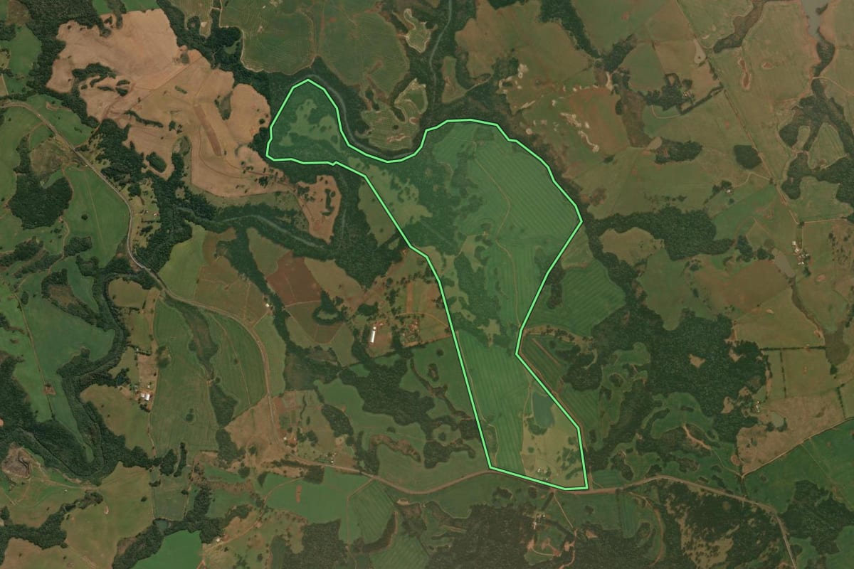 Imagem de satélite do imóvel rural em Muitos Capões (RS), com o contorno declarado no CAR desenhado por cima.